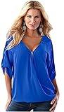 ELFIN Women's V Neck Zipper Cuffed Sleeve Blouse Tops