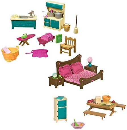 Li'l Woodzeez Honeysuckle Hollow Furniture Bundle - Kitchenette &amp; Housekeeping Set + Master Bedroom &amp; Dining Set