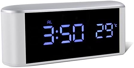 Mirror Alarm Clock, HeQiao Multi-fuction Touch Sensitive Large Battery Digital Alarm Clock Mirror Makeup USB Rechargeable Eye-Care Travel Alarm Clock W/ Temperature Snooze for Home Office - Blue