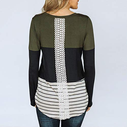 Respctful New in Women Long Sleeve T-Shirt Stripe Lace Patchwork Blouse Hem Shirt Casual Tops Green
