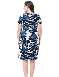 Chicwe - Vestido casual estampado floral para mujer, cuello redondo, manga corta, hasta la rodilla