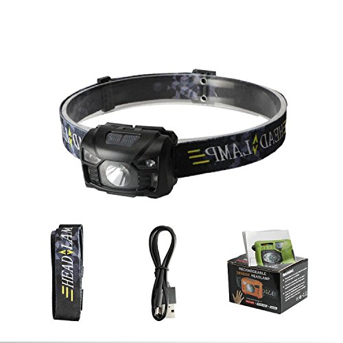 Three trees Sensor Flashlight Rechargeable Headlamp USB Cable Included, 5 Modes,Hands Adjustable(black)
