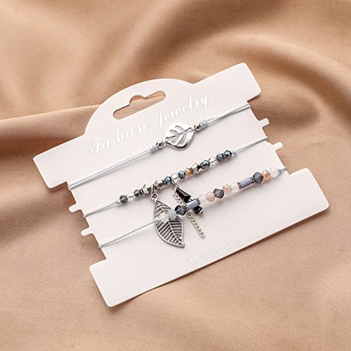 DDRICH 3 Pcs String Bracelet Handmade Braided Rope Charms Boho Seed Beads Surfer Bracelet for Women Girls (Leaf)