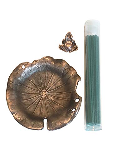 Secret for Longevity Copper Bronze Antique Style Lotus Flower Lily Pad Ash Catcher Plate w/Mini Lucky Frog Incense Sticks Burner Holder Zen Buddha Buddhist Meditation Decor Gift Set