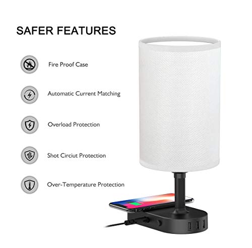 Qi Bedside Lamp COZOO USB Bedside Table & Desk Lamp with 3 USB Charging Ports and Qi Wireless Charging Pad,Black Charger Base with White Fabric Shade, LED Light for Bedroom/Nightstand/Living Room