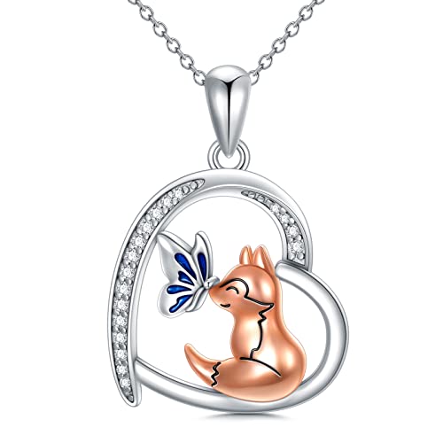URONE Fox Heart Necklace Sterling Silver Cute Fox Pendant Fox Butterfly Necklace Animal Jewellery Gift for Women Mom Wife