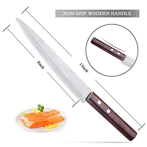 Sashimi Sushi Knife, Pro 8 Inch Chef Knife, Kitchen Knife with German High Carbon Stainless Steel & Gray Leather Wooden Handle Great for Slicing Meat, Fruits, Vegetables