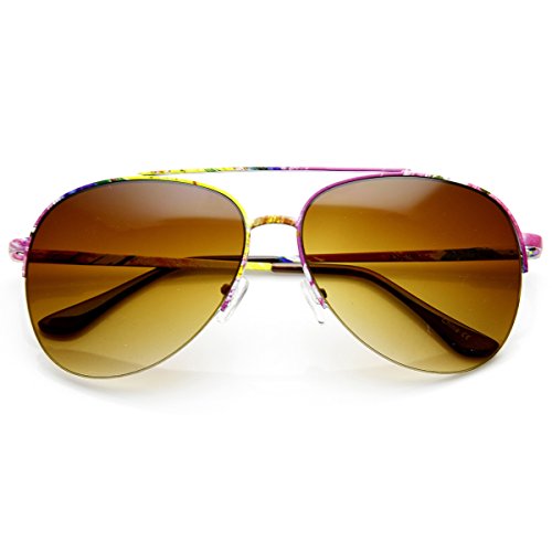 zeroUV - Large Colorful Floral Print Semi-Rimless Metal Aviator Sunglasses (Floral Amber)
