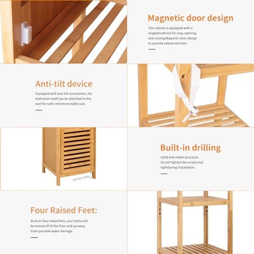 medla Bamboo Bathroom Storage Floor Cabinet: 4 Tiers Multifunctional Floor Shelving Unit Bathroom Floor Cabinet Natural Floor Shelf Free Standing Tower Corner Rack for itchen Living Room Bedroom