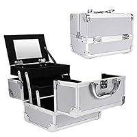 Portable Makeup Train Case,Aluminum Makeup Organizer Jewelry Cosmetic Box with 2 Trays, Mirror and Key Lock (SILVER)