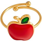 Izpack Cute Red Apple Stacking Knuckle Thin Band Ring for Women - Stainless Steel Enamel Fruit Adjustable Open Statement Wrap Finger Rings 14K Gold Plated Fashion Jewelry Christmas Eve Holiday