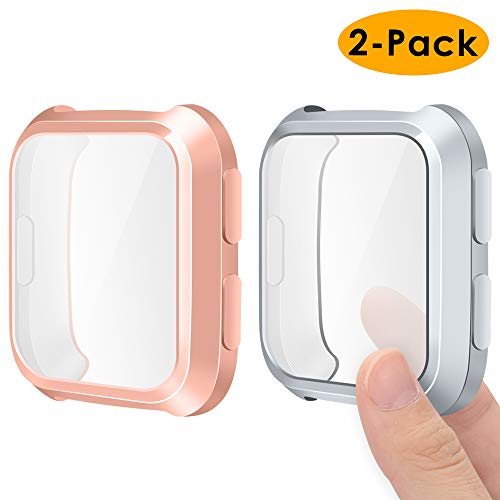 EZCO Compatible Fitbit Versa Screen Protector Case (2-Pack), Soft TPU Plated Case All-Around Protector Screen Cover Bumper Compatible Fitbit Versa Smart Watch, Rose Gold+Silver