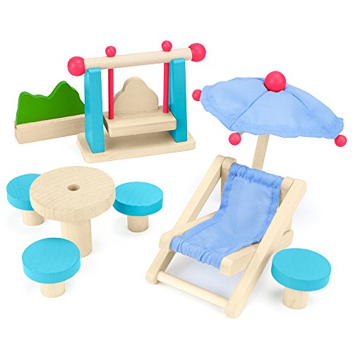 Wooden Dollhouse Furniture|Made of Safe Wood and Bright Water-Based Paint|Compatible with Most Doll Houses|Outdoor Patio