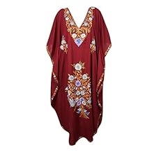 Mogul Interior Womens Caftan Maxi Dress Maroon Embroidered Kimono Kaftan One Size