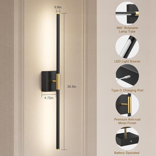 Wall Sconces Set of 2 Battery Operated, Wireless USB Rechargeable Wall Lights with Remote Control, 360° Rotation, 8000mAh LED Dimmable Picture Lamp for Living Room, Bedroom, Hallway