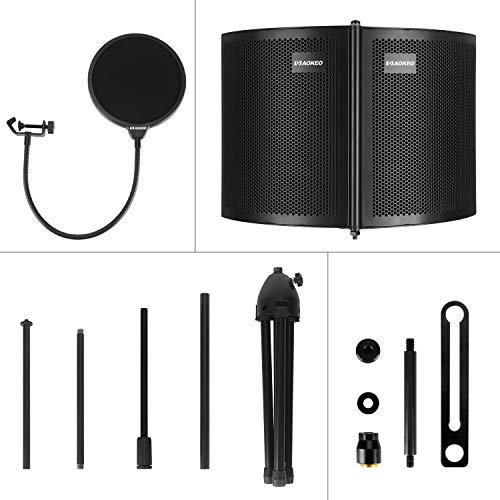 Aokeo Premium Microphone Isolation Shield, Foldable Adjustable Studio Recording Microphone Isolator Panel, Constructed with Industrial Quality Aluminum, High-Density Absorbing Foam With Aokeo Stand