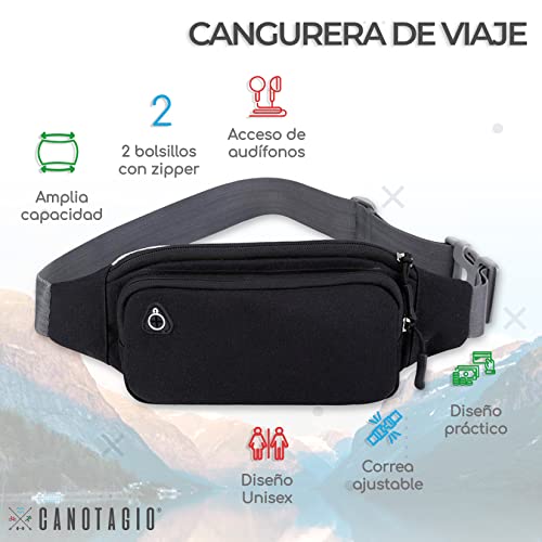 Canotagio Cangurera Deportiva de Viaje. Diseño Amplio para Pasaporte, Efectivo o Tarjetas. Hombre y Mujer. Riñonera Deportiva Compatible con Audifonos. Fanny Pack/Running Belt/Travel Pouch (Negro)