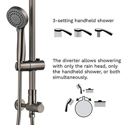 Polaris III Retrofit Rain Shower System, 3-Setting Handheld Shower Combo with Slide Bar, 8" Low Profile Shower Head for Low-Ceiling Bathrooms, 9-Inch Vertical Extension Pipe (Brushed Nickel)