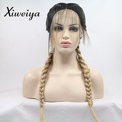 xiweiya blonde with brown root Double Braids Synthetic Lace Front Wig add Human Weaving Part with Baby Hair Wig Heat Resistant Fiber Middle Part 24 inch