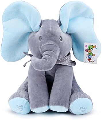 ENTOY Peek-a-Boo Elephant Toys Baby Plush Toy Animated Flappy Elephant Singing Stuffed Animals Toys Gray Blue