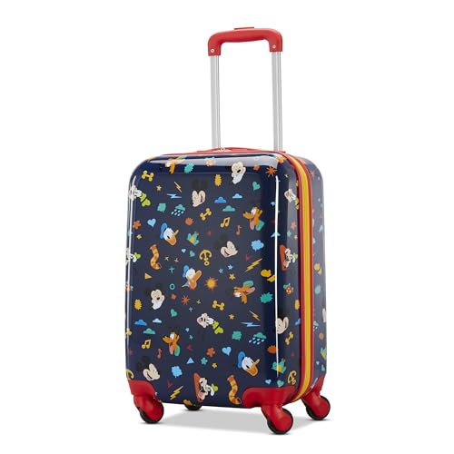 American Tourister Mickey Mouse Carry-On Luggage - Airline Approved, Durable Hardshell with Micky, Donald Duck, Pluto & Goofy - Roll Confidentially with Spinner Wheels & Colorful Adjustable Handle