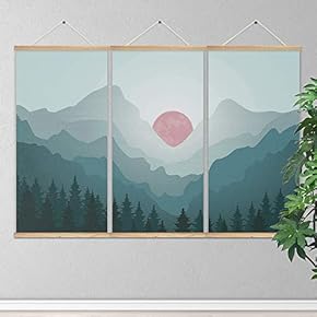 3 Panel Hanging Poster Wooden Framed Sun and Mountain Home Wall Canvas Prints Ready to Hang - 18"x36"x3 Panels