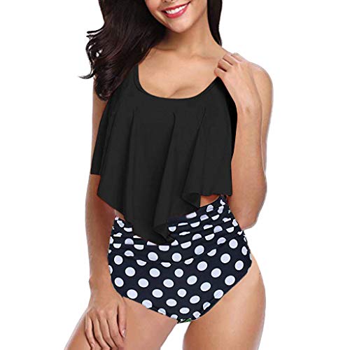 Womens Two Piece Swimsuit Plus Size Sexy Backless Halter Dot Printed Bikini Swimwear Control Tummy Bathing Suit S-3XL (Black, XXX-Large)