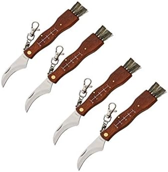 4 pcs Camping Hunting Folding Mushroom Knife Fungus Truffles Harvest Sharp Knives Natural Wood Handle Pocket knife w/ Bristle Brush