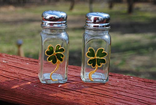 Green Four Leaf Clover Shamrock Hand Painted Glass Salt and Pepper Shakers Set