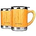 Stainless Steel Bamboo Coffee Mugs with Handle & Spill Resistant Lids (Set of 2), Natural Wood Wooden Light Unbreakable Design Eco Friendly Insulated Coffee Tea Travel Mugs; 11 Oz.