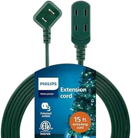 Philips Extension Cord, 15 Ft, 3-Outlet Flat Plug, Safety Slide Multiple Outlets, Indoor, 2 Prong, Green, SPS1032GE/27 (Pack of 12) Image