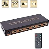 4K@60Hz HDMI Switch 5x1 Awakelion Premium 5 in 1 Out 4K HDMI Switch with IR Remote Support Auto-Switch, HDCP 2.2,UHD,HDR,Full HD,3D,1080P