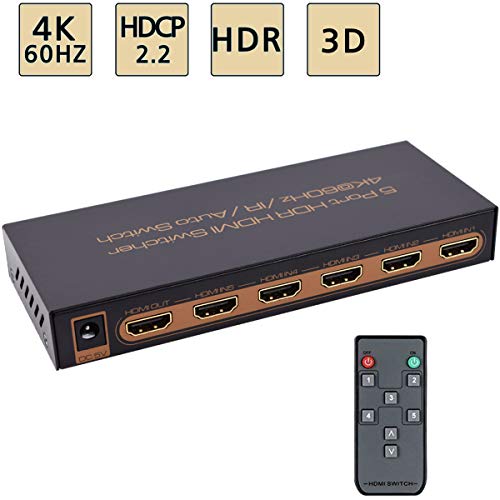 4K@60Hz HDMI Switch 5x1 Awakelion Premium 5 in 1 Out 4K HDMI Switch with IR Remote Support Auto-Switch, HDCP 2.2,UHD,HDR,Full HD,3D,1080P