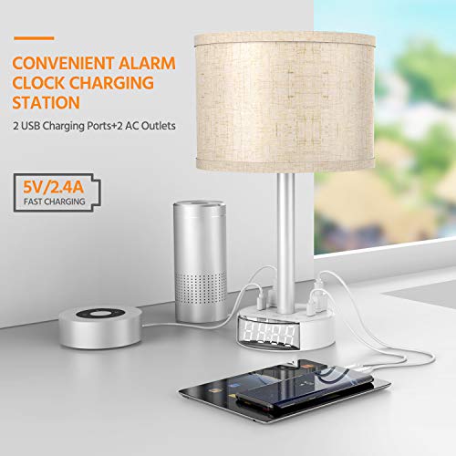 Table Lamp with Alarm Clock, Touch Control Bedside Lamp with 2 AC Outlets & 2 USB Ports, Alarm Clock Charging Base, 6Ft Power Cord, 3 Level Brightness Modern Nightstand Lamps for Home Bedroom Dorm
