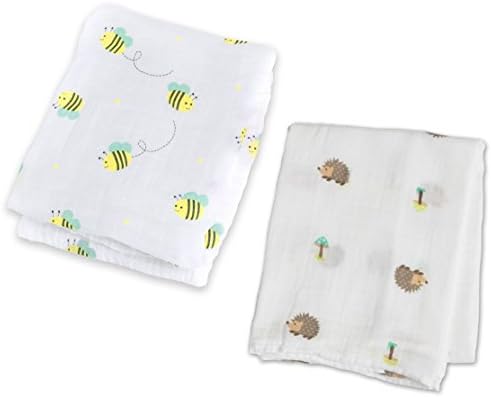 Lulujo Bamboo Rayon Muslin Cotton Swaddling Blanket, 47" x 47", 2 Pack, Bee Happy
