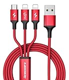 USB 3 in 1 Cable, Acessorz Multi Charger 3 in 1 Dual Lightning & Micro USB Nylon Braided Fast Charging Cable Cord for iPhone X, iPhone 8/7 Plus, iPhone 6/6S plus/5/SE, iPad, Android devices (Blue)