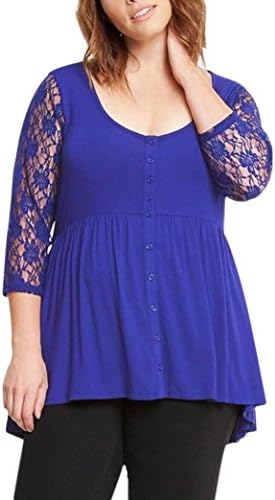 Albatron Women's Three Quarter Sleeve Solid Plus Size Casual Lace Blouse Loose V-Neck Tops T-Shirt (4XL, Bule)
