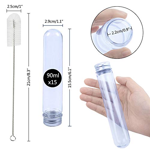 JPSOR 15pcs 155x30mm (90ml) Clear Plastic Test Tubes with Screw Caps and 1 Test Tube Brush for Scientific Experiments, Party, Decorate The House, Candy Storage