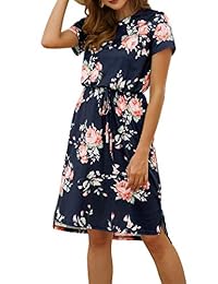 Vestidos a media pierna con estampado floral y manga corta para mujer Kesujin Vestido con bolsillos