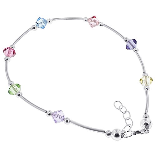 Gem Avenue Multicolor Swarovski Elements Bicone Crystal 925 Sterling Silver Anklet 9 to 10" Adjustable
