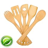5 Piece Bamboo Spoons Cooking Utensils - Wooden Cooking Spoons And Spatula Utensil Set - Bamboo Wood Nonstick Cooking Spoons For Kitchen