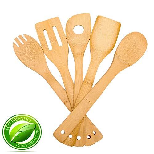 5 Piece Bamboo Spoons Cooking Utensils - Wooden Cooking Spoons And Spatula Utensil Set - Bamboo Wood Nonstick Cooking Spoons For Kitchen