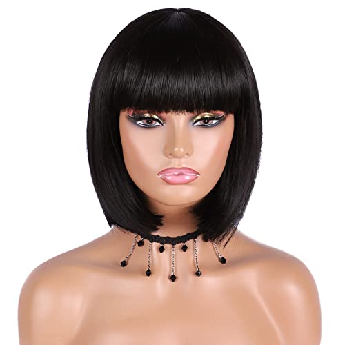 HHANYUDIE Bob Wigs Short Bob Wig with Bangs for Women Straight Bob Wigs for Cosplay Wig Synthetic Natural Looking Wigs (12\'\',Black)