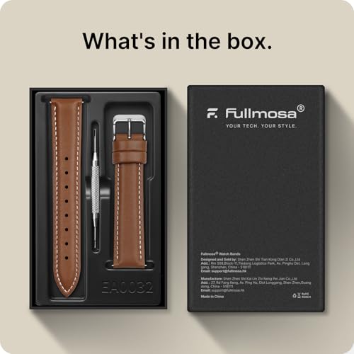 Fullmosa Watch Strap, Vintage Leather Strap Replacement for Smartwatch and Universal Watch with Stainless Steel Clasp for Men and Women, Brown+Silver Buckle, 22MM