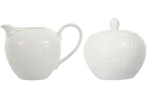 Veemoon Ceramic Coffee Sugar Pot and Milk Jug Set 2pcs with Lid Embossed Design Versatile Coffee Creamer