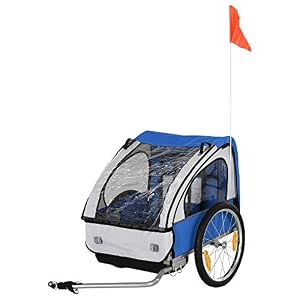HOMCOM 2 Seat Bike Trailer Bicycle Wagon for Kids Child Steel Frame Safety Harness Seat Carrier Hitch Coupler Blue White…