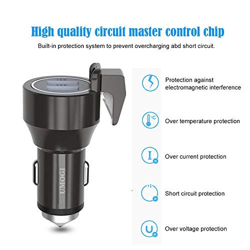 UMOGI 3 in 1 Dual USB Car Charger 2.4A Window Breaker Seat Belt Cutter Emergency Escape Tools Car Safety Hammer Compatible with iPhone/Samsung Galaxy/A9/Note,LG Google Pixel,iPad Pro/Air 2/Mini(Gray)