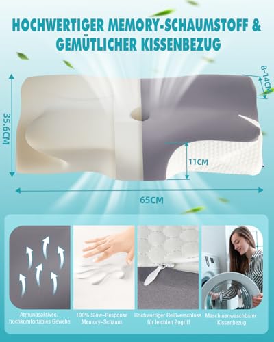 Neck Pillow Neck Pain Ergonomic Memory Foam Neck Support Pillow, Orthopaedic Pillow Against Neck Pain, Sleeping Pillow for Side Sleepers, Back and Stomach Sleepers 65 x 40 x 11/14 cm