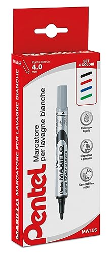 Pentel MWL5S Maxiflo Marcatore per lavagne bianche, punta 4.0 mm, 4 pezzi nero/rosso/blu/verde