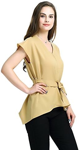 Yagoor Women's Elegant V-neck Office Top and Blouse Casual Short Sleeve Tunic Shirt With Decorative Bow camel s